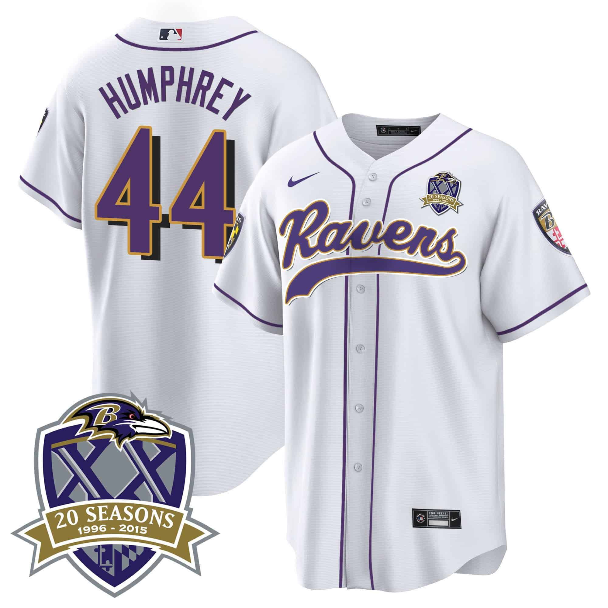 Men Baltimore Ravens 44 Humphrey White 2024 Nike 20th Season Patch Baseball NFL Jersey